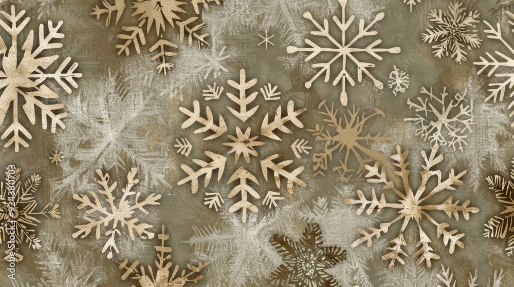 A rustic snowflake pattern resembling handdrawn illustrations with natural textures and muted hues of brown and green