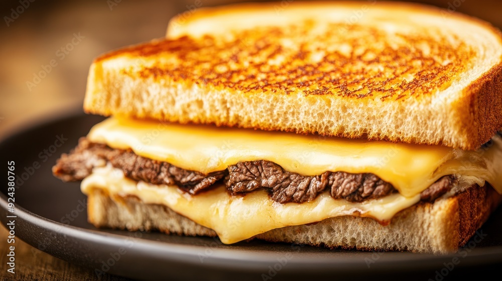 Delicious grilled cheese sandwich with tender beef and melted cheese, served on a rustic plate, perfect for a hearty meal. Delicious grilled cheese sandwich with tender beef and melted cheese, served on a rustic plate, perfect for a hearty meal.