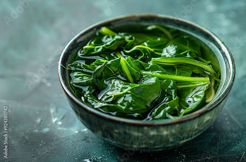 A bowl of blanched spinach in clear water