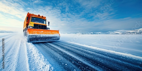 A snowplow diligently clears an icy road, making it passable during the harsh winter season.






