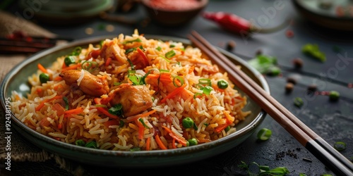 Chicken fried rice is a beloved street food in India combining Indian and Chinese culinary influences served on a plate with chopsticks