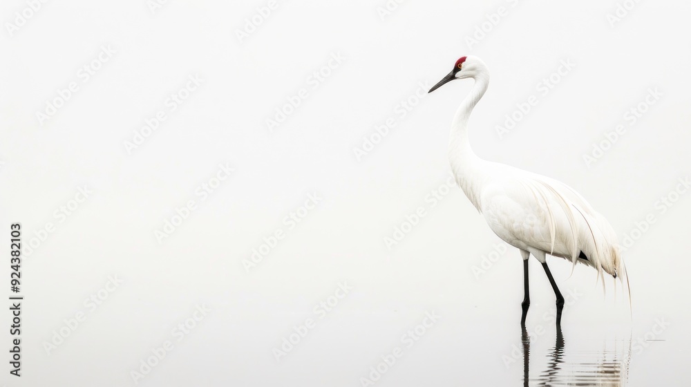 Obraz premium A white crane stands in shallow water with a white background.