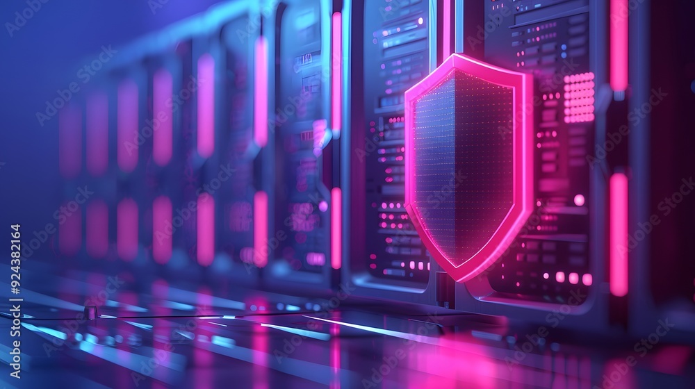 Futuristic server room with glowing pink shield representing data security, cybersecurity, and digital protection in a modern IT environment. Futuristic server room with glowing pink shield representing data security, cybersecurity, and digital protection in a modern IT environment.