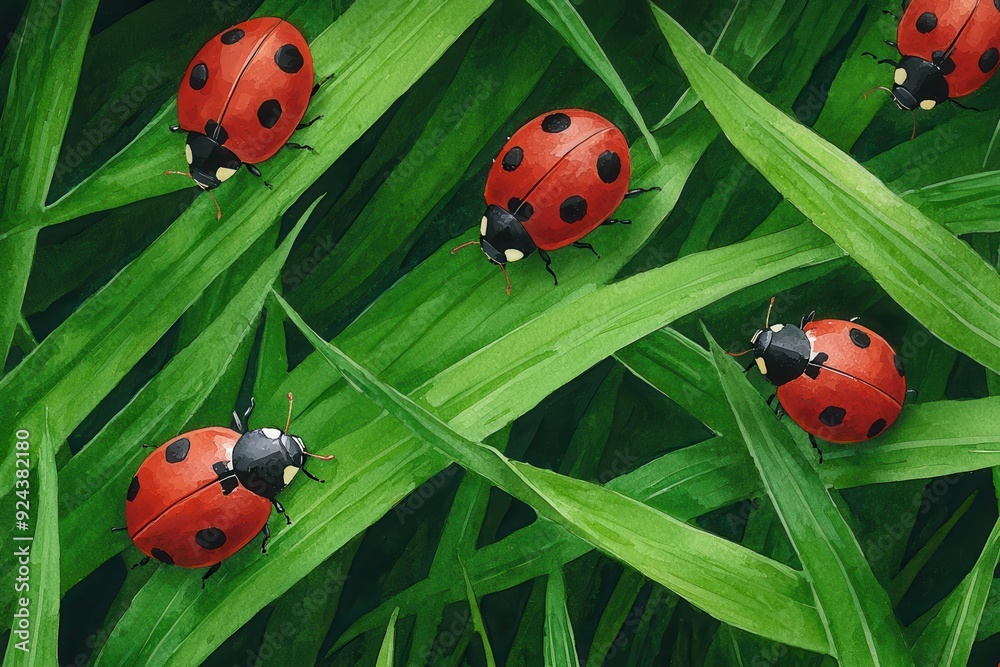 Fototapeta premium A watercolor illustration showcasing a repeating pattern of ladybugs resting on leaves and blades of grass.