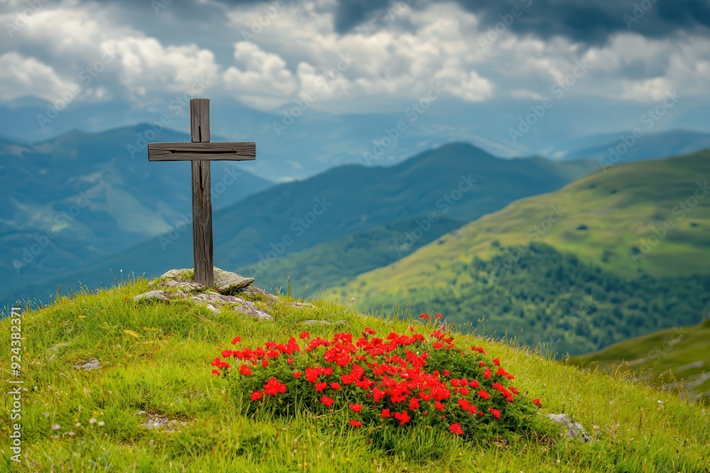 A wooden cross standing atop a mountain, surrounded by vibrant red flowers.
A wooden cross standing atop a mountain, surrounded by vibrant red flowers.