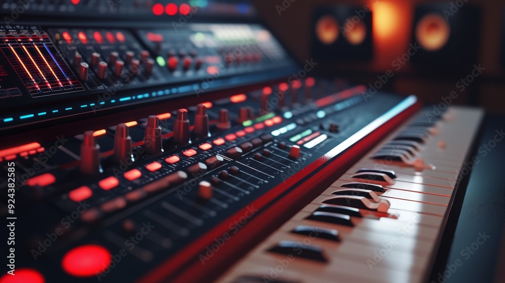 Close-up of a music production console with faders and buttons lit up in red. Close-up of a music production console with faders and buttons lit up in red.