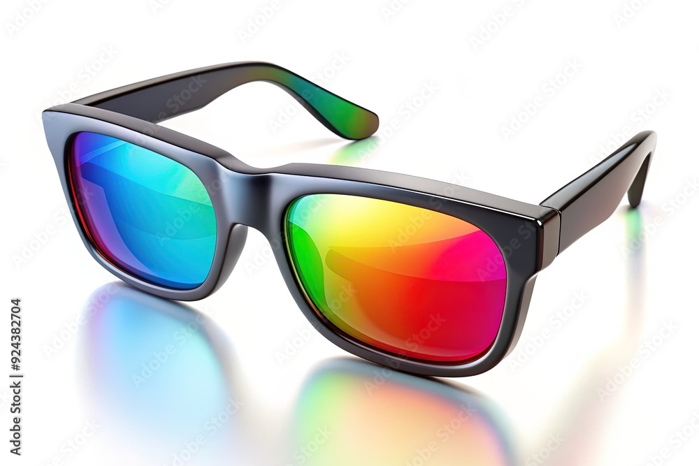 Colorful 3D glasses sit alone on a pristine white background, symbolizing immersive cinematic experiences, entertainment, and innovative design, with ample space for overlaid text or graphics. Colorful 3D glasses sit alone on a pristine white background, symbolizing immersive cinematic experiences, entertainment, and innovative design, with ample space for overlaid text or graphics.