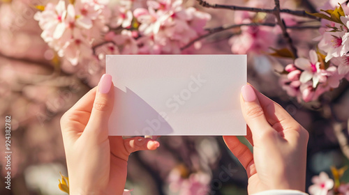 Woman hands with perfect pink manicure holding a white rectangular paper with text hello spring, cherry blossoms in the background