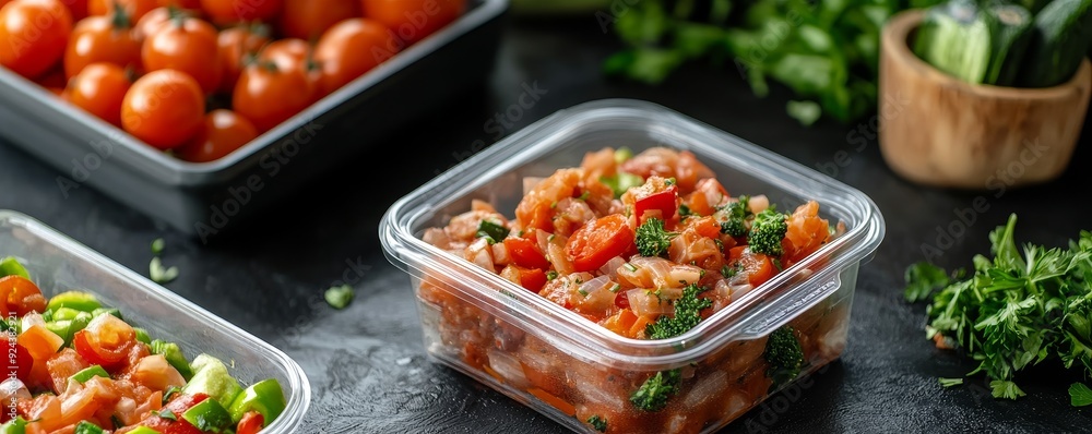 Fresh tomato salsa in a clear plastic container. Fresh tomato salsa in a clear plastic container.