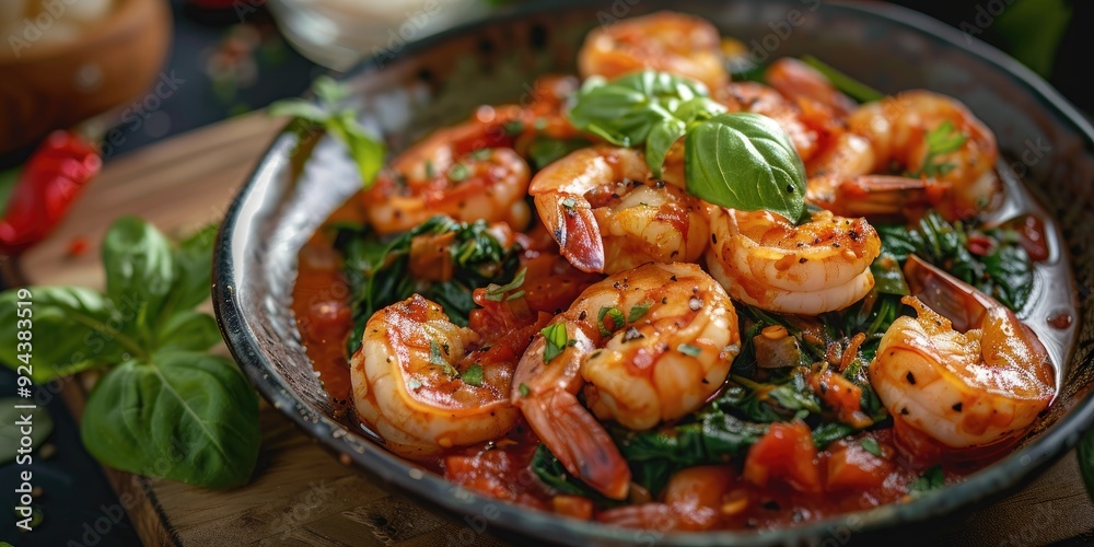 Pan fried Shrimp in Tomato Sauce with Spinach on the Table Pan fried Shrimp in Tomato Sauce with Spinach on the Table
