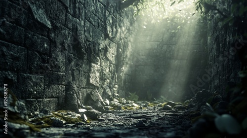 Sunlight streams through a narrow stone passageway, illuminating the rocky path ahead.