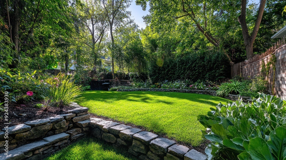 Landscaped Backyard with Stone Walls Landscaped Backyard with Stone Walls