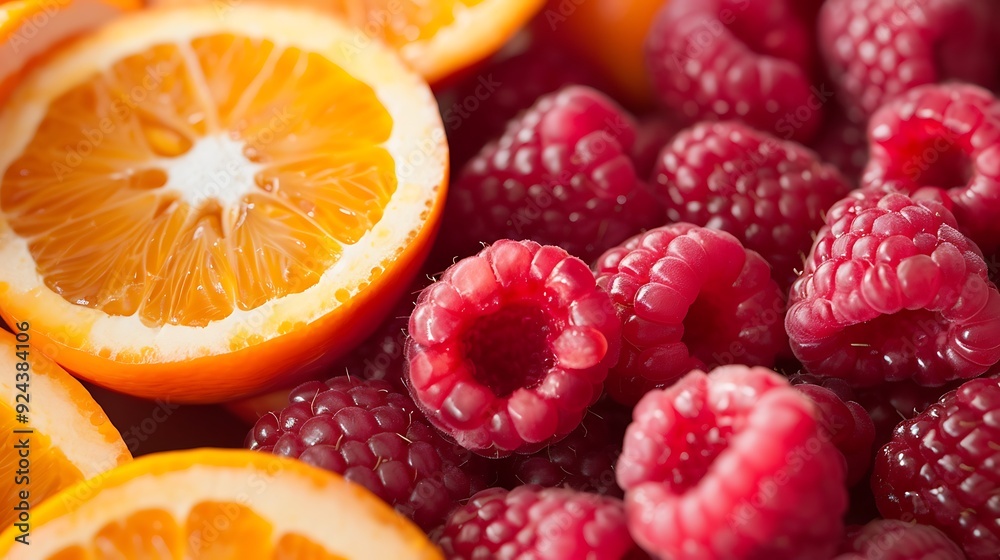 A variety of raspberries and oranges with a hint of juice A variety of raspberries and oranges with a hint of juice