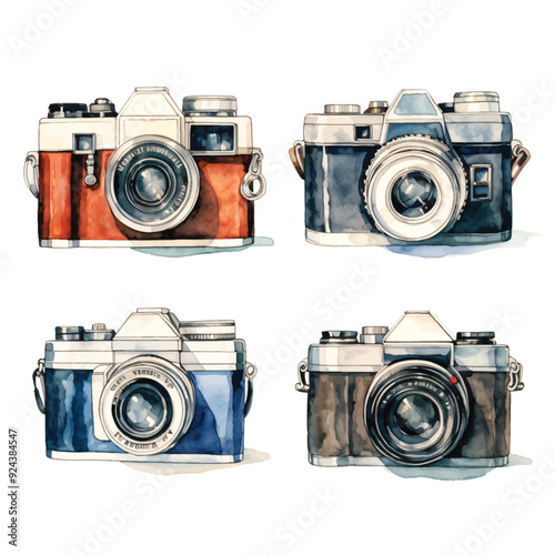 watercolor painting of camera four collection isolated