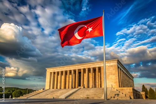 Fototapeta Naklejka Na Ścianę i Meble -  A dramatic image of the Turkish flag flying high above Anıtkabir, Atatürk’s mausoleum, on 29 Ekim.