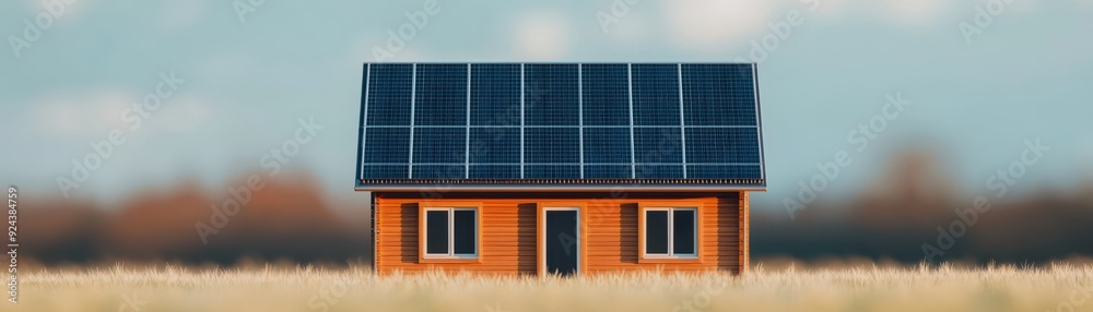 Fototapeta premium A modern house featuring solar panels, surrounded by natural landscape, showcasing sustainable living and eco-friendly design.