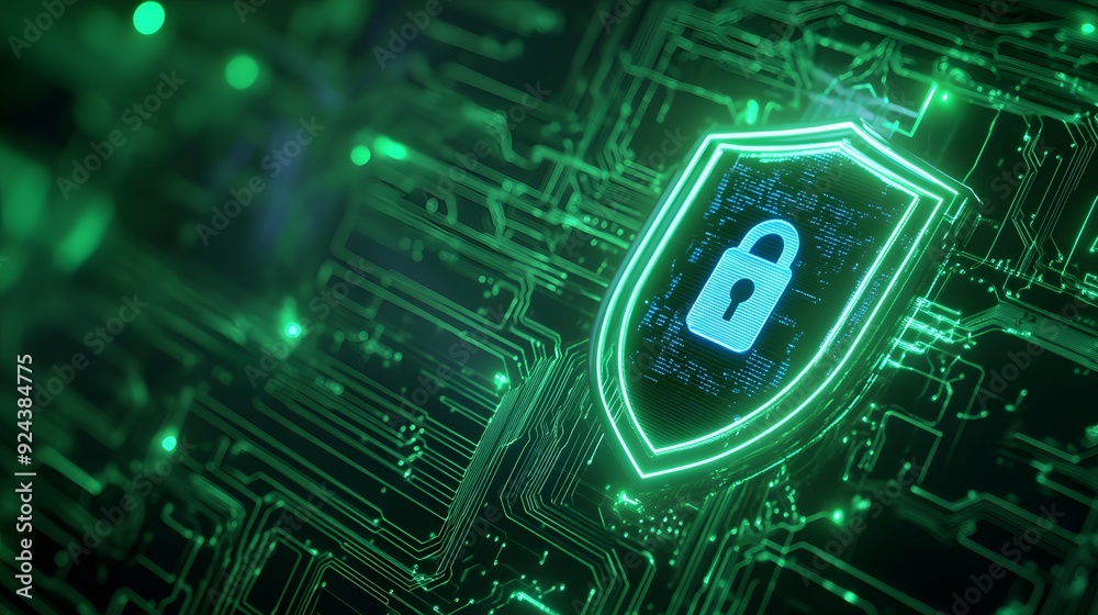 Glowing shield with a lock icon on a green digital circuit board representing cybersecurity, protection, and data security. Glowing shield with a lock icon on a green digital circuit board representing cybersecurity, protection, and data security.