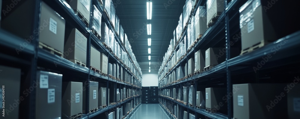 A long aisle in a warehouse, filled with shelves stacked high with boxes. A long aisle in a warehouse, filled with shelves stacked high with boxes.