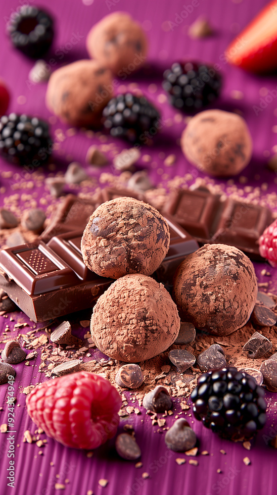 A close up of a chocolate covered raspberry and blackberry dessert. The dessert is made with chocolate and raspberries, and is topped with blackberries A close up of a chocolate covered raspberry and blackberry dessert. The dessert is made with chocolate and raspberries, and is topped with blackberries