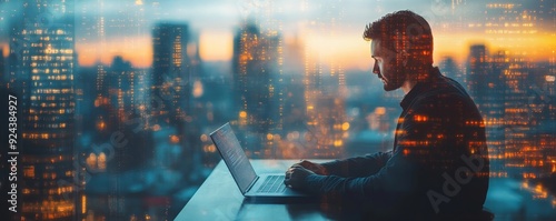 Business finance and investment concept. Double exposure of businessman working on laptop computer and the city with financial graph for business and technology, Generative AI
