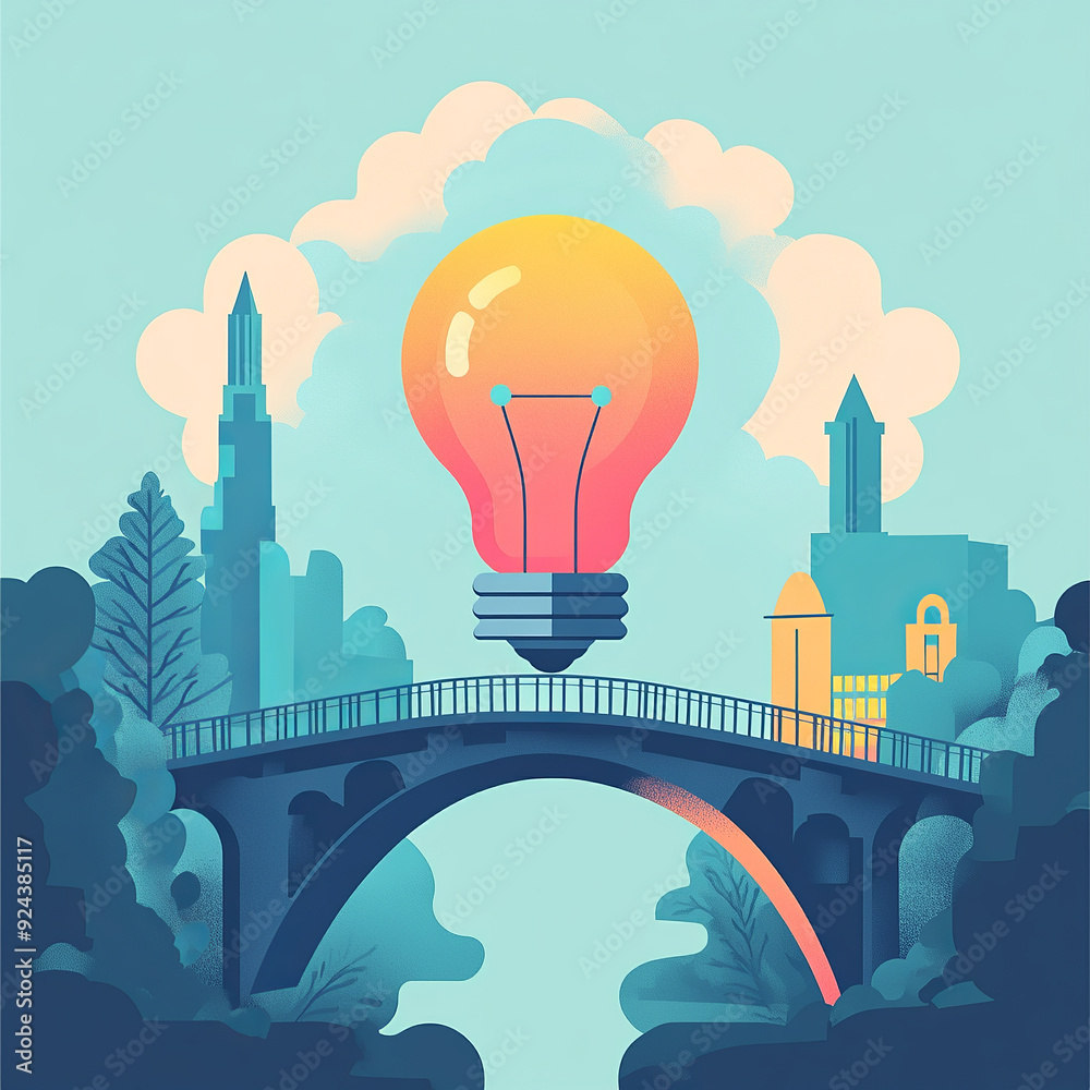 Obraz premium Light bulb floating over a bridge in a cityscape with buildings and trees symbolizing urban creativity and ideas
