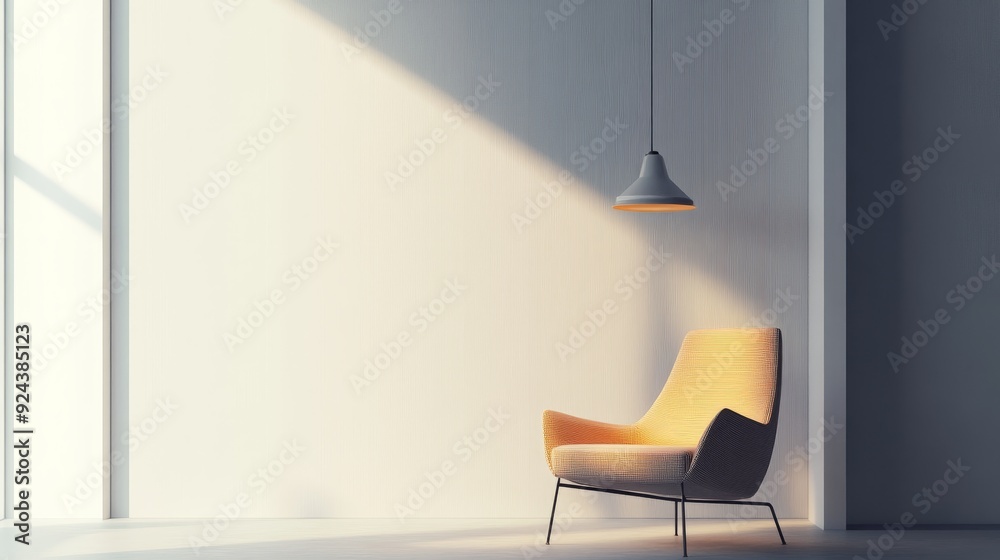 A single armchair sits in a modern room bathed in sunlight, with a hanging lamp and a window. A single armchair sits in a modern room bathed in sunlight, with a hanging lamp and a window.