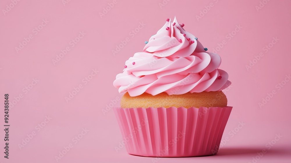 A single pink cupcake with pink frosting and sprinkles on a pink background. A single pink cupcake with pink frosting and sprinkles on a pink background.