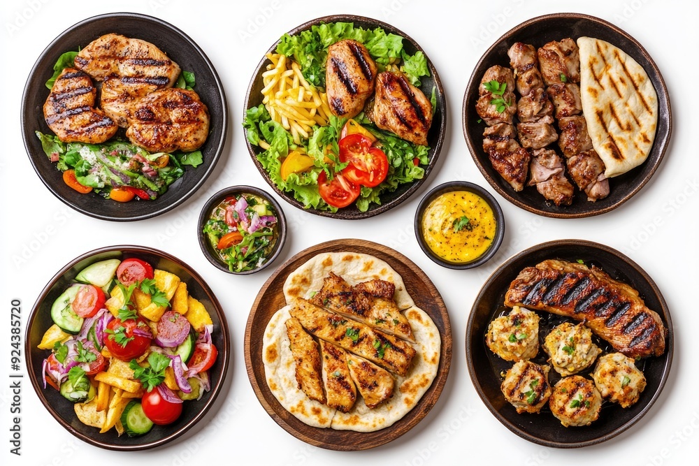 Set of various plates of food, top view, isolated on white background. with generative ai