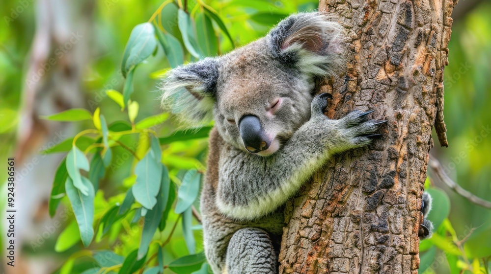 Fototapeta premium Adorable Koala Bear Napping in Eucalyptus Tree.