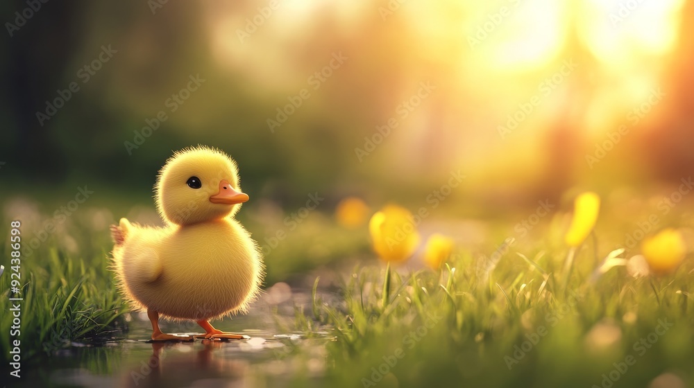 A fluffy yellow duckling walks through a grassy field at sunset. A fluffy yellow duckling walks through a grassy field at sunset.