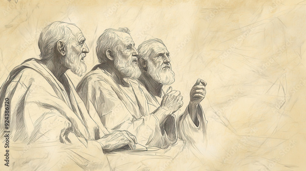 Fototapeta premium Numbers Biblical Illustration, Moabite Officials Listening to Balaam's Words, Beige Background, Perfect for Faith-Based Content