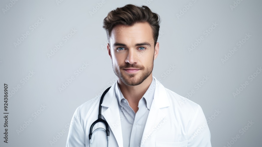 Confident young doctor in a white coat, smiling brightly and making eye contact with the camera,on white background,generative ai Confident young doctor in a white coat, smiling brightly and making eye contact with the camera,on white background,generative ai