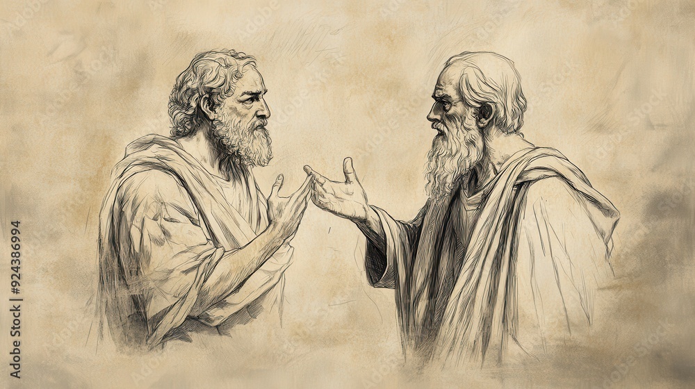 Fototapeta premium Numbers: Biblical Illustration Featuring Aaron and Moses Pleading, Beige Background, Perfect for Faith-Based Educational Materials and Compassion Studies