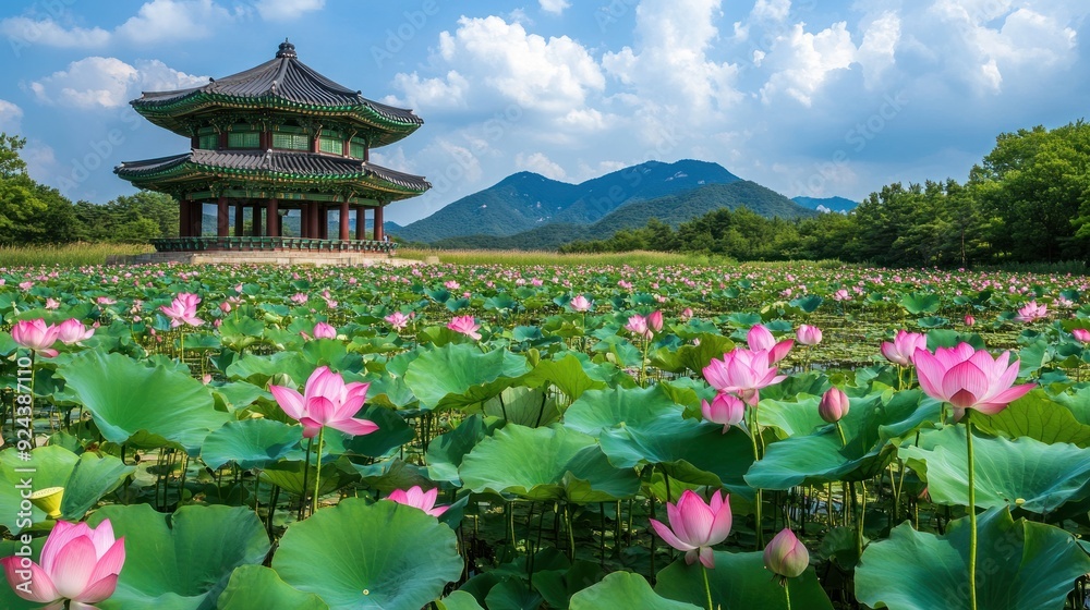 Serene Lotus Pond with Traditional Pavilion and Mountain Landscape Serene Lotus Pond with Traditional Pavilion and Mountain Landscape