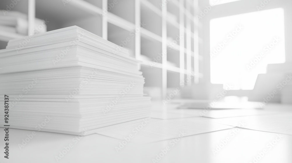 Obraz premium A stack of white papers on a white desk in a bright office setting.