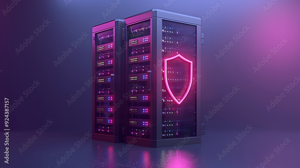 Two server racks with a neon pink security shield, representing cybersecurity and data protection in a modern data center. Two server racks with a neon pink security shield, representing cybersecurity and data protection in a modern data center.