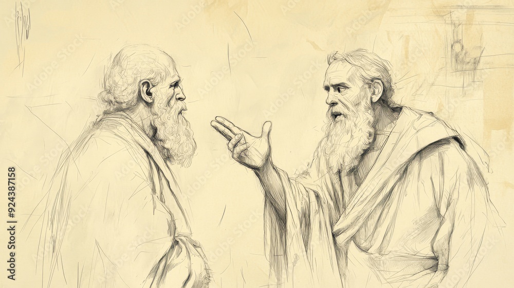 Numbers: Biblical Illustration Featuring Moses Confronting Korah, Beige Background, Perfect for Faith-Based Educational Materials and Conflict Studies Numbers: Biblical Illustration Featuring Moses Confronting Korah, Beige Background, Perfect for Faith-Based Educational Materials and Conflict Studies
