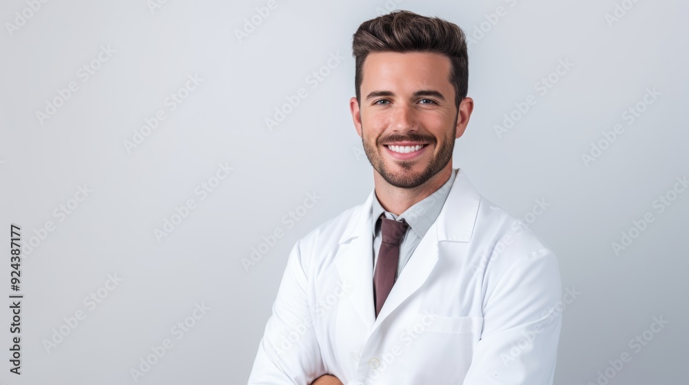 Happy young doctor wearing a white coat, smiling warmly at the camera, with a clean white background,on white background ,generative ai Happy young doctor wearing a white coat, smiling warmly at the camera, with a clean white background,on white background ,generative ai