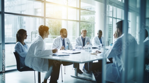 Hospital staff, including a doctor, in a collaborative team meeting, working on professional plans and communication,generative ai