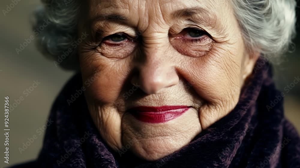 Radiant senior woman with red lipstick and a purple scarf smiles, showing wrinkles that speak of wisdom and experience, exuding beauty and grace in her mature years Radiant senior woman with red lipstick and a purple scarf smiles, showing wrinkles that speak of wisdom and experience, exuding beauty and grace in her mature years