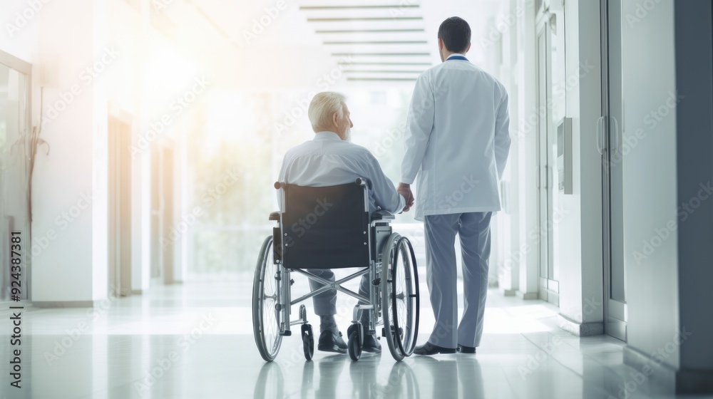 Side view of a young doctor guiding a wheelchair patient through a hospital corridor,generative ai Side view of a young doctor guiding a wheelchair patient through a hospital corridor,generative ai