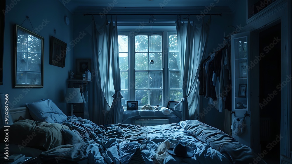 A view is visible in the center of a room with an untidy bed with