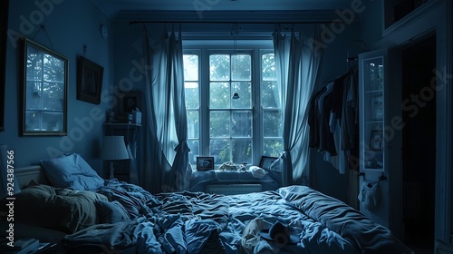 Obraz na płótnie A view is visible in the center of a room with an untidy bed with w salonie