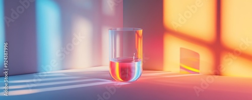 Glass filled with colorful liquid, illuminated by vibrant light.