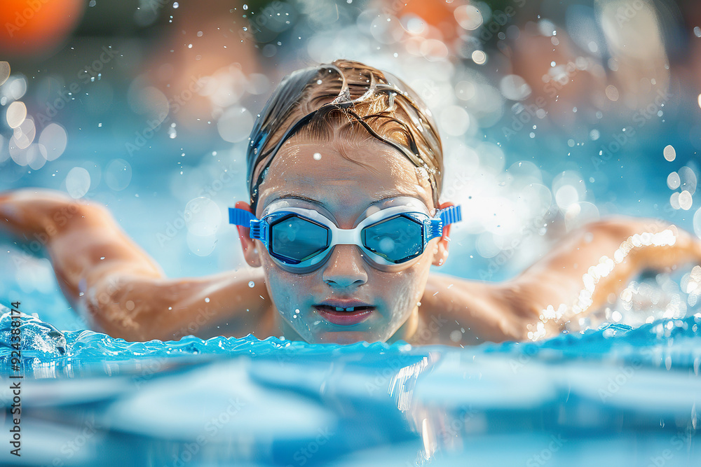 Naklejka premium Young boy swimmer practicing in a bright, clear swimming pool