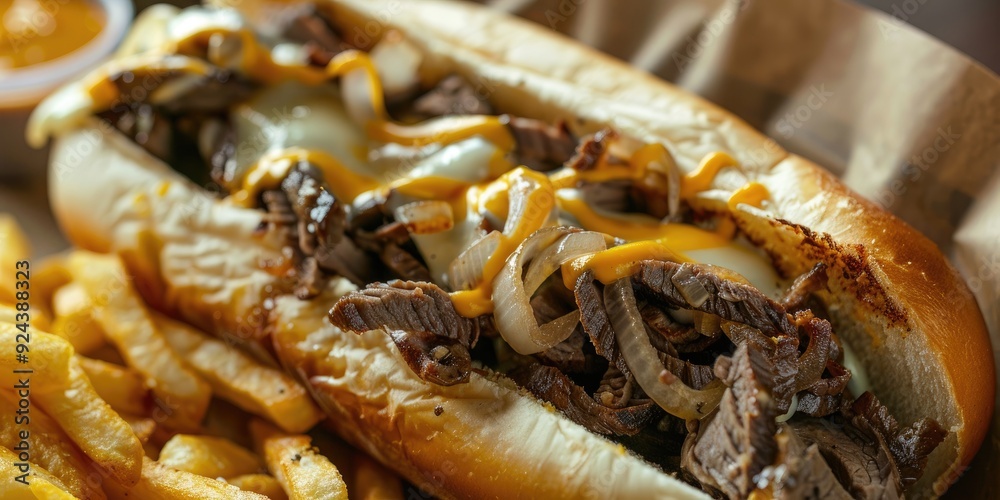 Close Up of Philadelphia Cheesesteak Sandwich with Steak Cheese and Onions on a Toasted Hoagie Roll Served with French Fries Close Up of Philadelphia Cheesesteak Sandwich with Steak Cheese and Onions on a Toasted Hoagie Roll Served with French Fries
