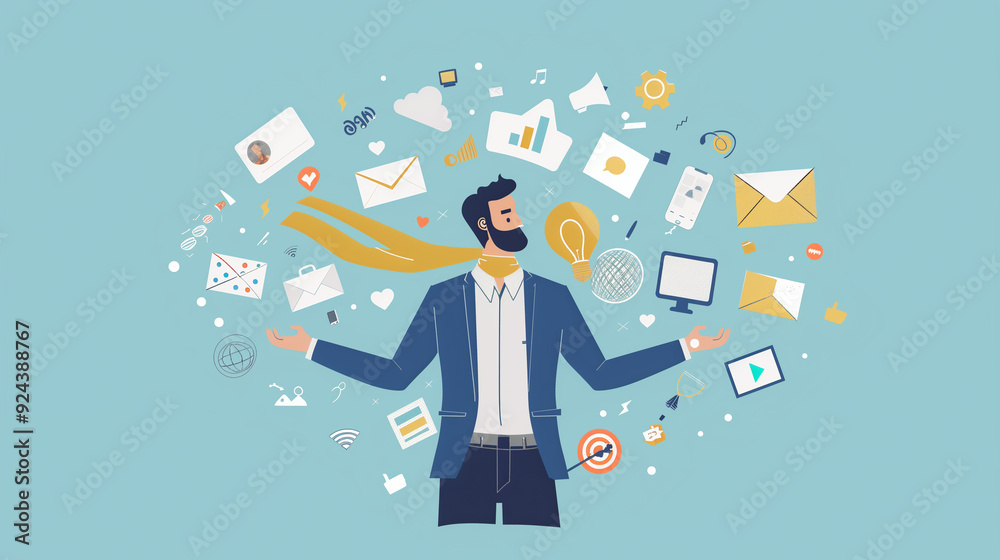 Illustration of a multitasking business person juggling various tasks Illustration of a multitasking business person juggling various tasks