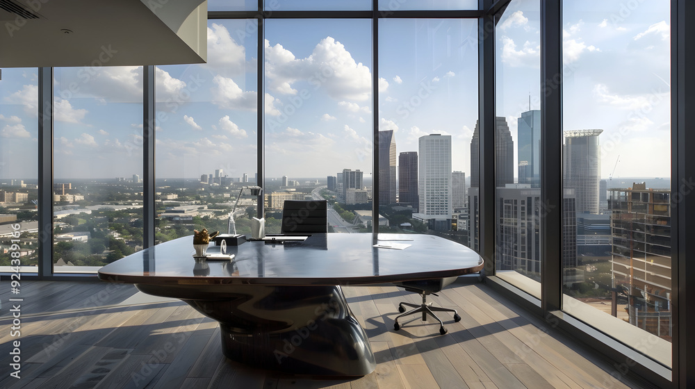 Fototapeta premium Houston Horizons: An industrial-chic desk perched atop a high-rise balcony, offering panoramic views of Houston's bustling skyline