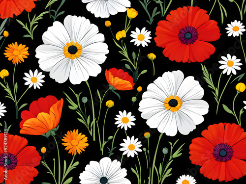 argyle daisy poppy marigolds pattern overlay in bright jewel tones black white cartoon drawing	