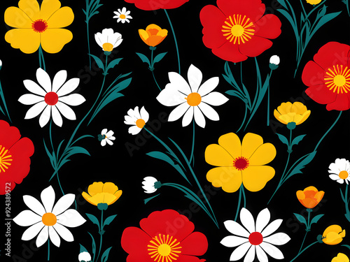 argyle daisy poppy marigolds pattern overlay in bright jewel tones black white cartoon drawing	